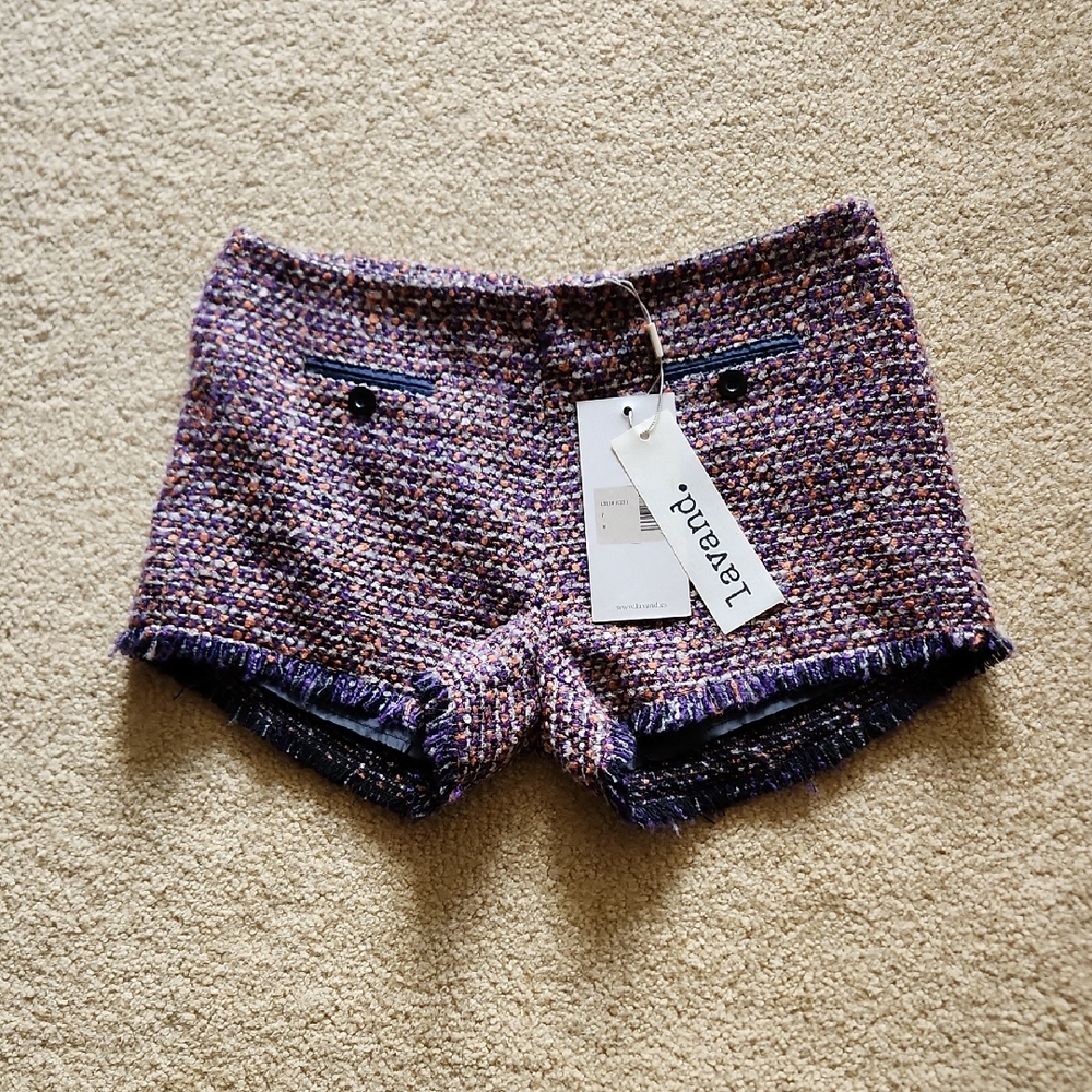 LAVAND. Tweed Shorts in Purple and Rustic Orange Fringe Hem Sz M NWT Preppy